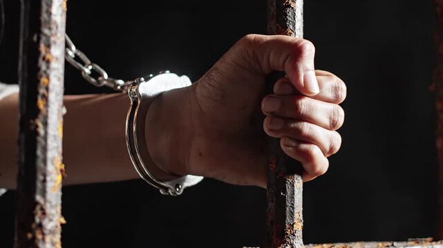 Hand in handcuffs gripping rusty prison bars in darkness symbolizing incarceration and injustice, 4k high quality