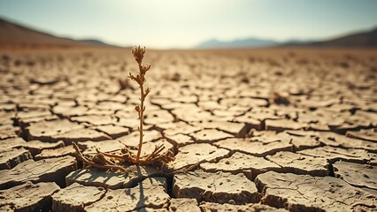 dryness. Single withered plant on cracked desert soil under harsh sunlight and dry landscape. ESG reports, sustainability campaigns, designed for environmental awareness campaigns.