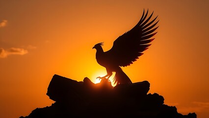 phoenix. Phoenix silhouette rising from ashes against a dawn sky, symbolic rebirth. wellbeing guides, coaching materials, designed for coaching and self-improvement content.