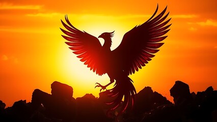 phoenix. Phoenix silhouette rising from ashes against a dawn sky, symbolic rebirth. wellbeing guides, coaching materials, designed for coaching and self-improvement content.