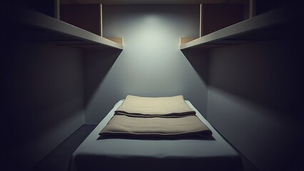 barracks. Military barracks with a single bed and a precisely folded blanket. real-estate listings, architecture portfolios, designed for architectural facade and classical detail presentations.