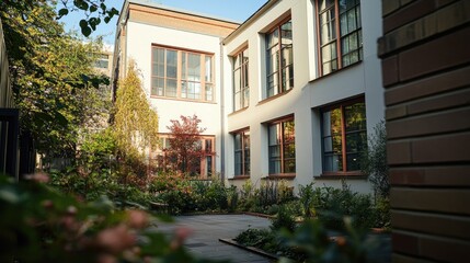 Urban Oasis: Secluded Courtyard Garden Beside a White Building