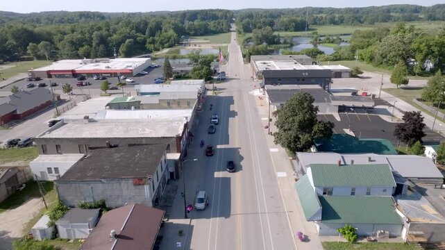 Downtown Hesperia, Michigan with drone video moving in.