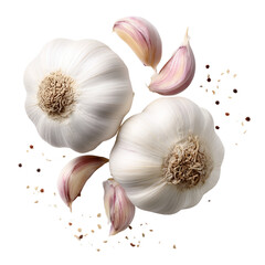 Fresh aromatic garlic bulbs and individual cloves artfully arranged with spices