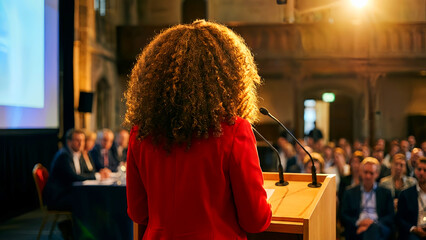 Confident woman in red blazer stands at podium, addressing audience in formal conference setting with microphones and large screen display.