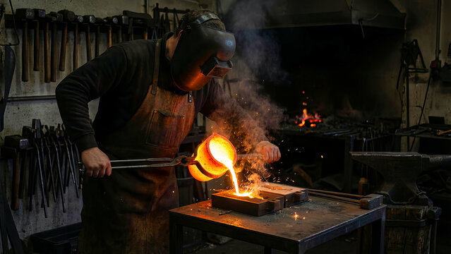 Skilled blacksmith pours molten metal into a mold in a workshop with tools and anvil visible in the surrounding area