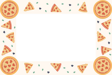 Tasty pizza Valentine's Day frame with copy space. Foodie background featuring pizza trays and fresh ingredients. Vector flat design border for italian food lover greeting card or party menu. © The Flat Lab