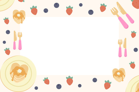 Sweet pancake Valentine's Day frame with copy space. Breakfast background featuring pancakes, syrup, and fruits. Vector flat design border for morning greeting card or brunch invitation.