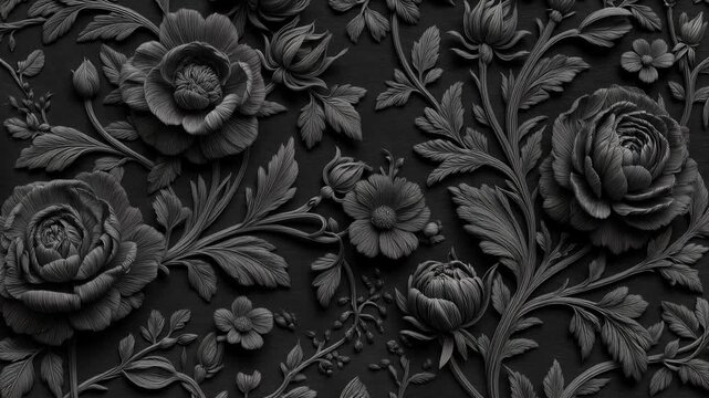 Detailed dark floral relief with roses and leaves provides elegant ornamental background for luxury design and branding projects