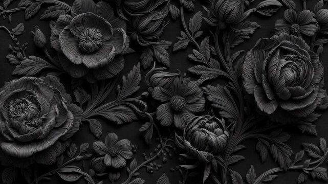Black floral ornament with layered petals and branches creates rich decorative surface ideal for classic packaging and interior design