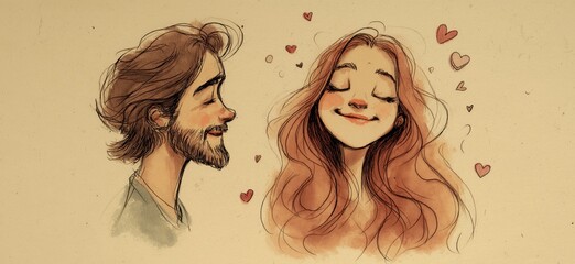 Happy cartoon couple showing love and affection. Smiling cartoon boy and girl with red hearts floating above them, depicting true love