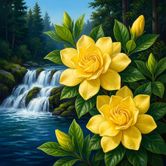 Vibrant yellow blooms with glistening dew on a branch overlooking a serene jungle waterfall