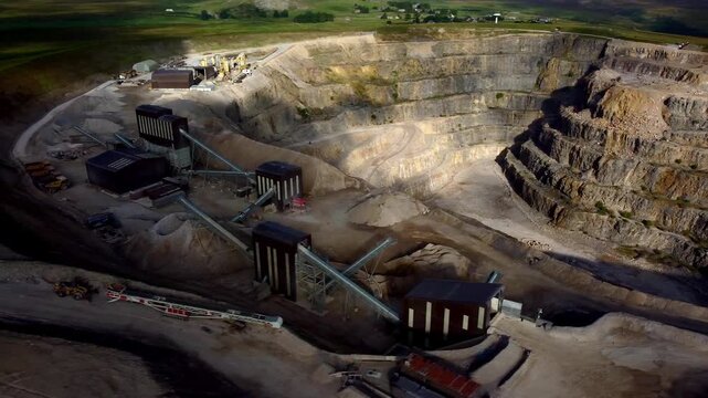 Aerial footage showing quarry machinery at Coldstones limestone quarry, Nidderdale