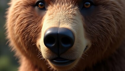 A brown bear's face with detailed fur texture and expressive eyes
