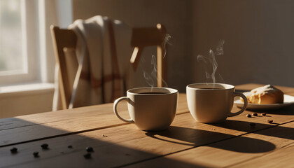 Two steaming coffee cups on rustic wooden table in soft morning light