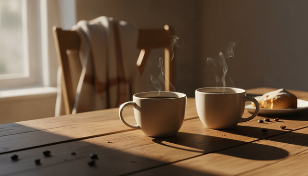 Two steaming coffee cups on rustic wooden table in soft morning light - Powered by Adobe