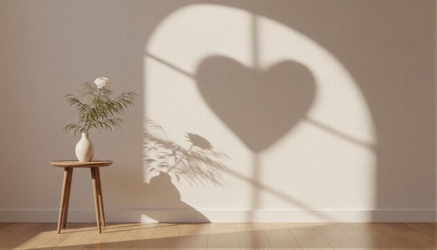 Window light creates heart shadow on wall near vase and plant