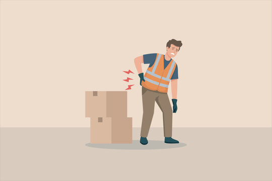 Warehouse worker suffering lower back pain while lifting heavy boxes. Flat vector illustration showing workplace injury, poor posture, manual handling risk, safety and health concept.