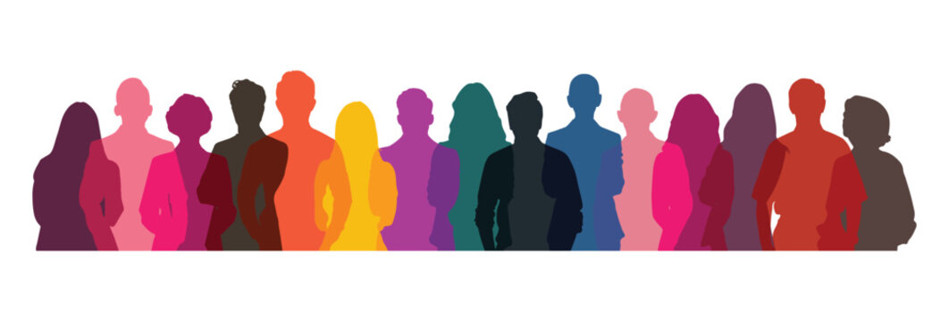 Multi-colored transparent silhouettes of men and women, multiply mode, a group of standing business people. Diverse people group silhouette. Flat vector illustration isolated on background