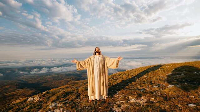 Figure in flowing robe extends arms on mountain ridge under dramatic sky creating spiritual scene of solitude faith and connection with nature