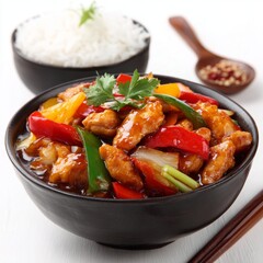 Girl eats Chinese food from a plate with chopsticks. Close-up of hands
