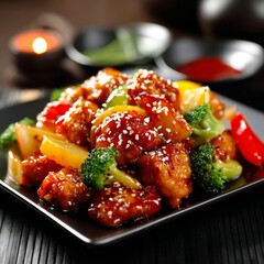 Girl eats Chinese food from a plate with chopsticks. Close-up of hands
