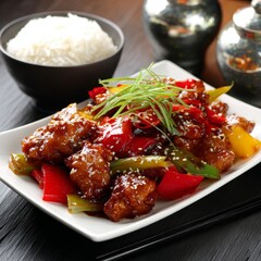 Girl eats Chinese food from a plate with chopsticks. Close-up of hands
