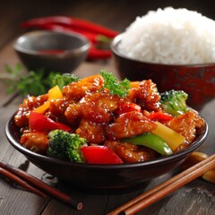 Girl eats Chinese food from a plate with chopsticks. Close-up of hands
