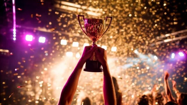 Hands raise golden trophy above cheering concert crowd with confetti rain capturing emotional moment of achievement victory and celebration