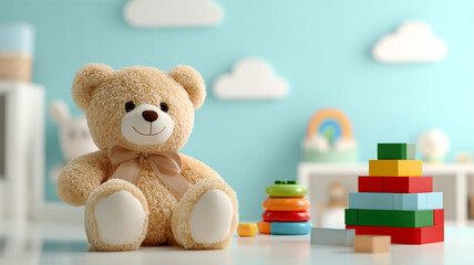Cute Brown Teddy Bear Plush Toy Sitting in childs bedroom with toy building blocks. Toy Object and Childhood Concept. Creative colorful kids room with white fluffy clouds