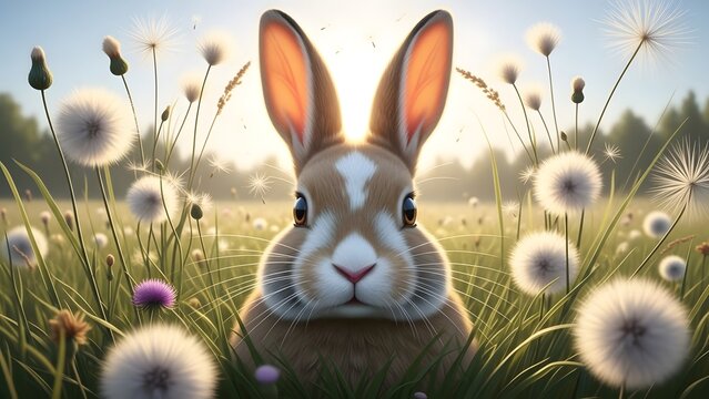 Easter bunny in a field of flowers on easter sunday morning