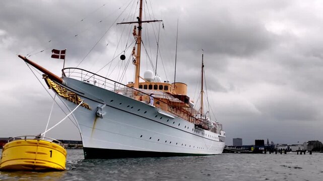 Stunning cinematic view from a sightseeing boat passing the luxurious white and gold Royal Ship, KDM Dannebrog, anchored in Copenhagen Harbor, Denmark.