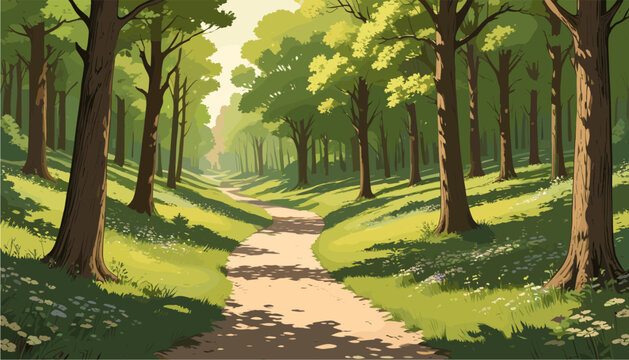 a peaceful forest park on a sunny spring day, featuring a winding dirt path flanked by tall green trees casting dappled shadows on the grass, evoking a serene anime background atmosphere