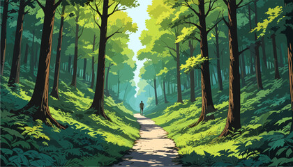 Anime style vector illustration of a man walking on a forest path. Sunlight filtering through tall green trees, summer nature background, peaceful atmosphere
