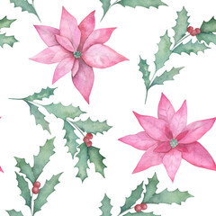 Watercolor Christmas seamless pattern with poinsettia and holly. Hand drawn illustration on white background, for wallpaper, wrapping