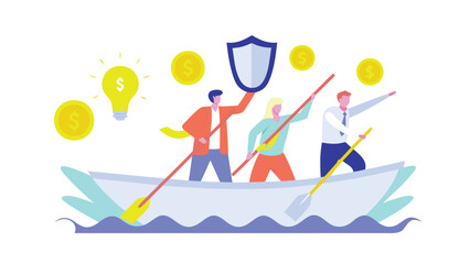 Business team navigating challenges with shield and financial growth