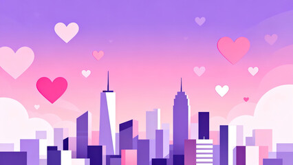 Pink-Purple Heart Urban Skyline 3D Illustration Scene