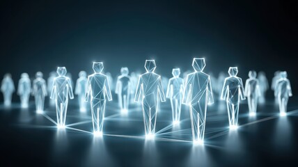 A large group of abstract people icons, with a network of glowing lines connecting them, teamwork and communication concept.