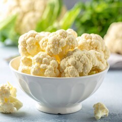 Fresh Cauliflower Florets in White Bowl