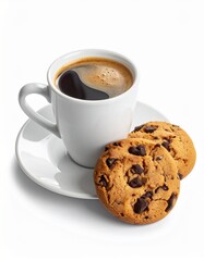 Fresh Coffee and Chocolate Chip Cookies on a Saucer