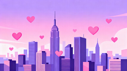 Pink-Purple Heart Urban Skyline 3D Illustration Scene