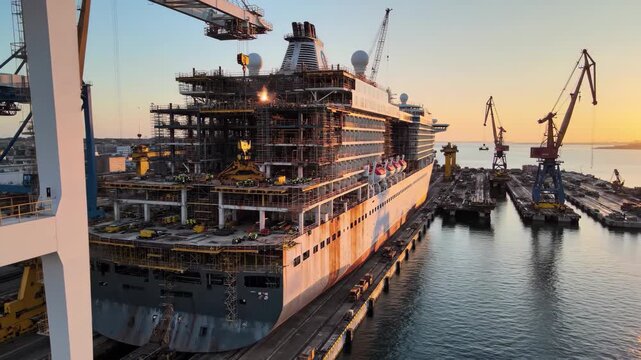 Large cruise ship under construction at a shipyard during sunset with cranes and dry docks visible, 4k high quality