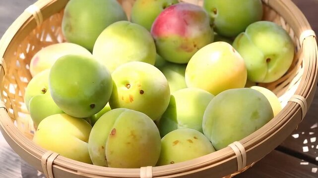 かごに盛られた青梅がやさしい光を受けて熟成前の状態をそのまま見せる素材表現