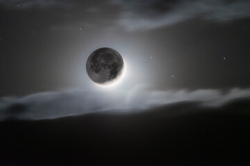 Night Sky with Waxing Crescent and Cloud Cover