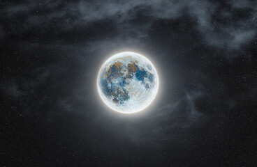 Moon Rising Through Clouds Among Stars