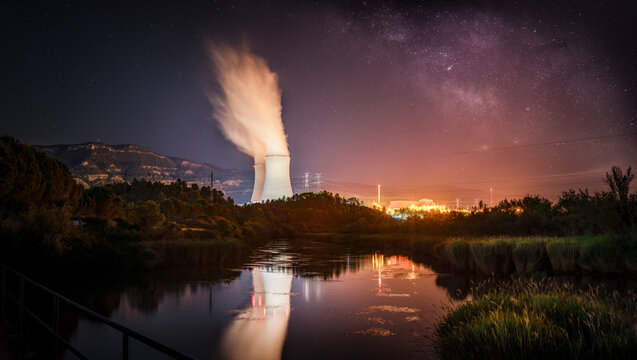 Night Photography of Nuclear Power Plant and Milky Way