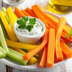 Fresh Vegetable Sticks with Dip and Parsley Garnish