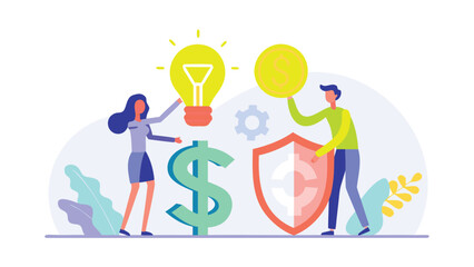 Business people securing finances with shield and lightbulb idea