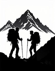 Hikers Silhouetted Against Majestic Mountain Peaks