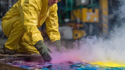 Person in yellow hazmat suit inspects a colorful hazardous chemical spill producing smoke in an industrial setting